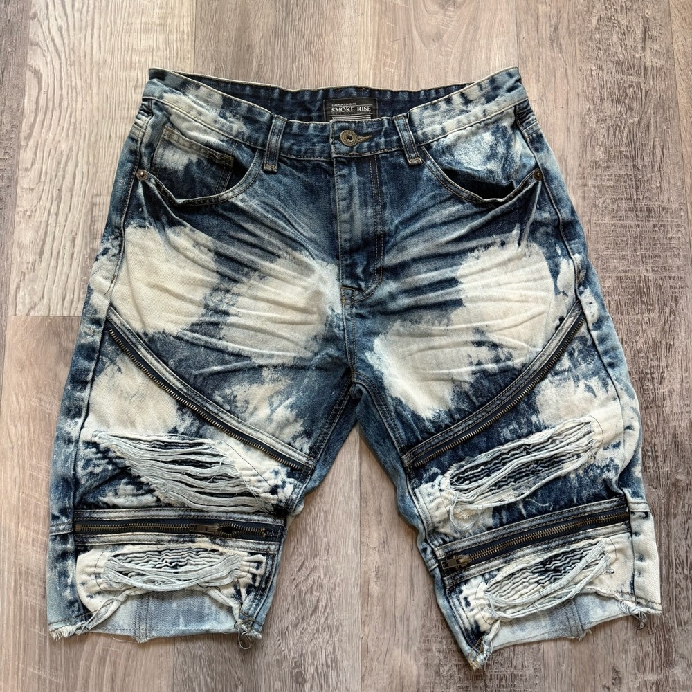 Smoke Rise Distressed Denim Shorts Men's Size 32 Biker Moto Zipper Ripped Jean
